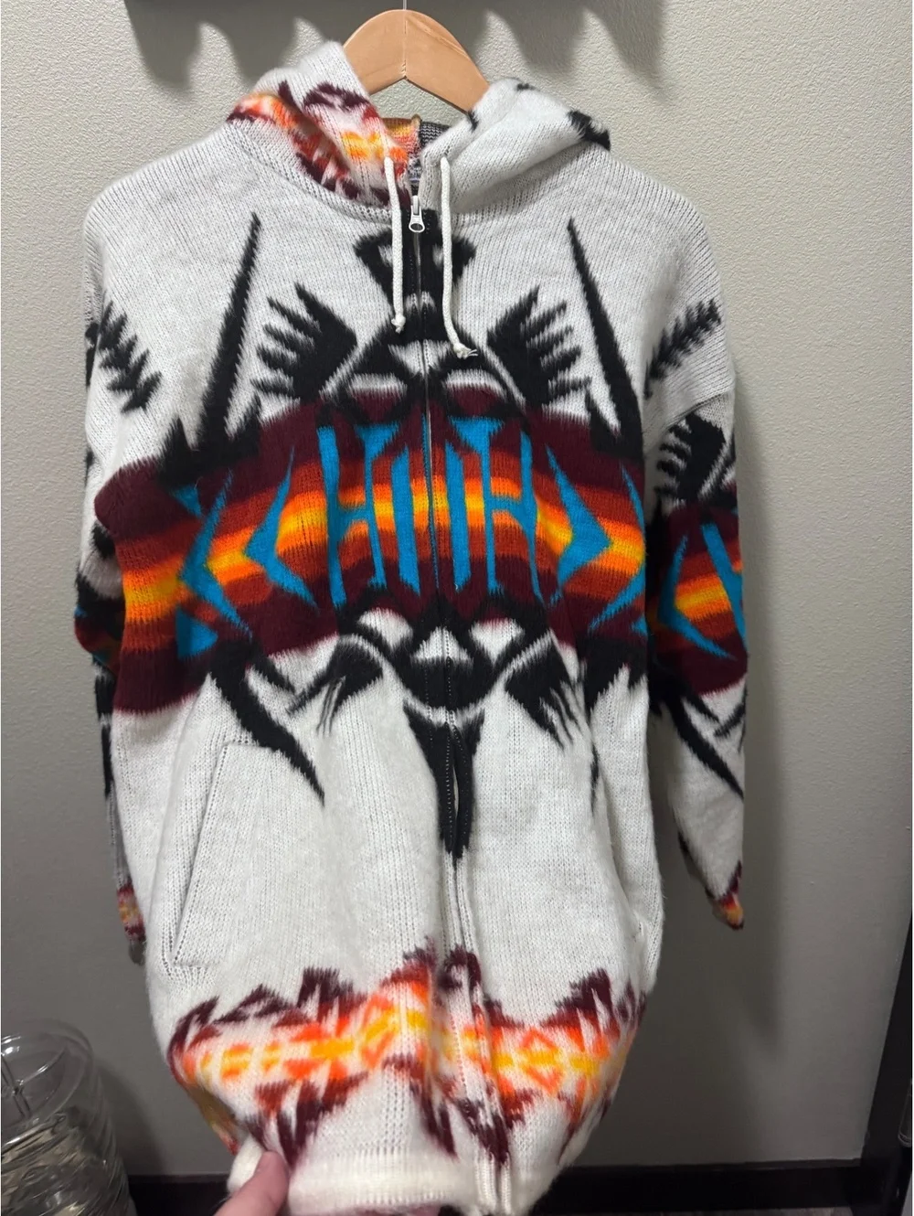 Artesanias Tuntaquimba Wool Zip Hoodie Large Handmade Ecuador Geometric